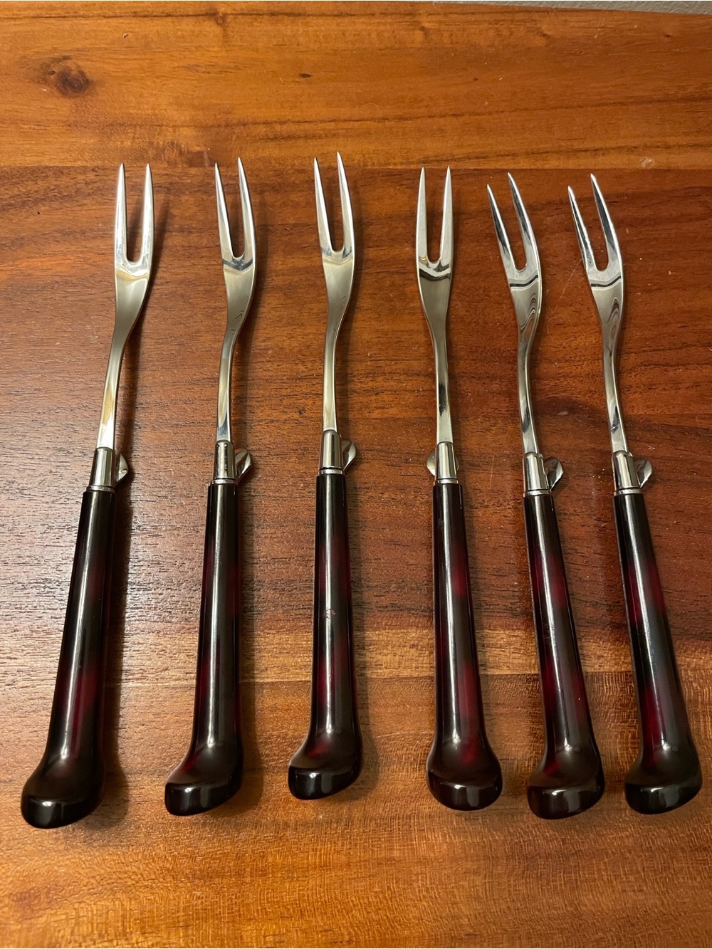 Set of six vintage MCM Glo-Hill cocktail seafood appetizer forks